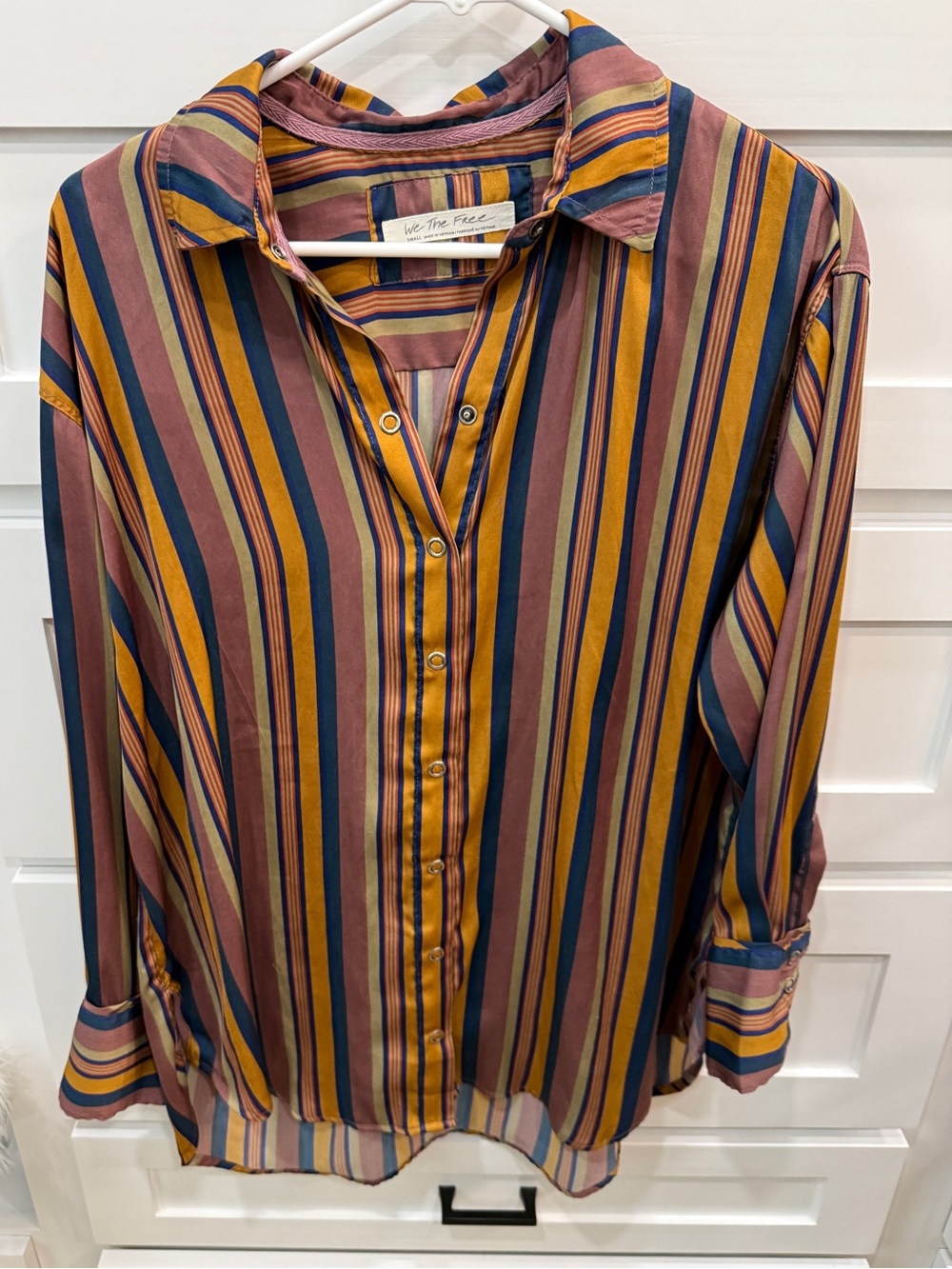 We The Free Striped Button-Up Blouse in Mustard, Navy, Mauve